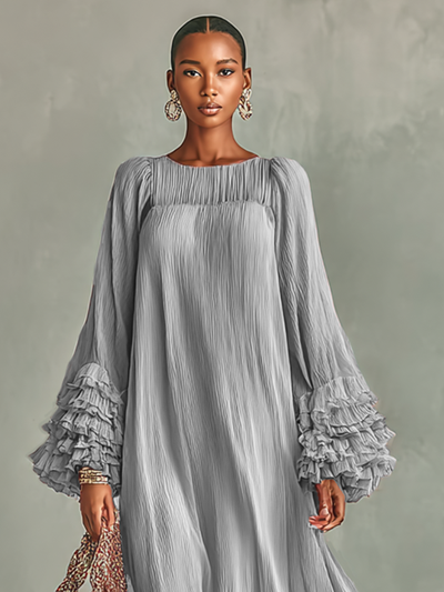 Maxi Dress – Elegant Pleated Chiffon with Long Sleeves and Ruffles