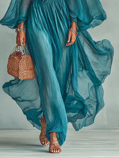 Maxi Chiffon Dress – Elegant Round Neck and Long Sleeve Design with Adjustable Waist for Women