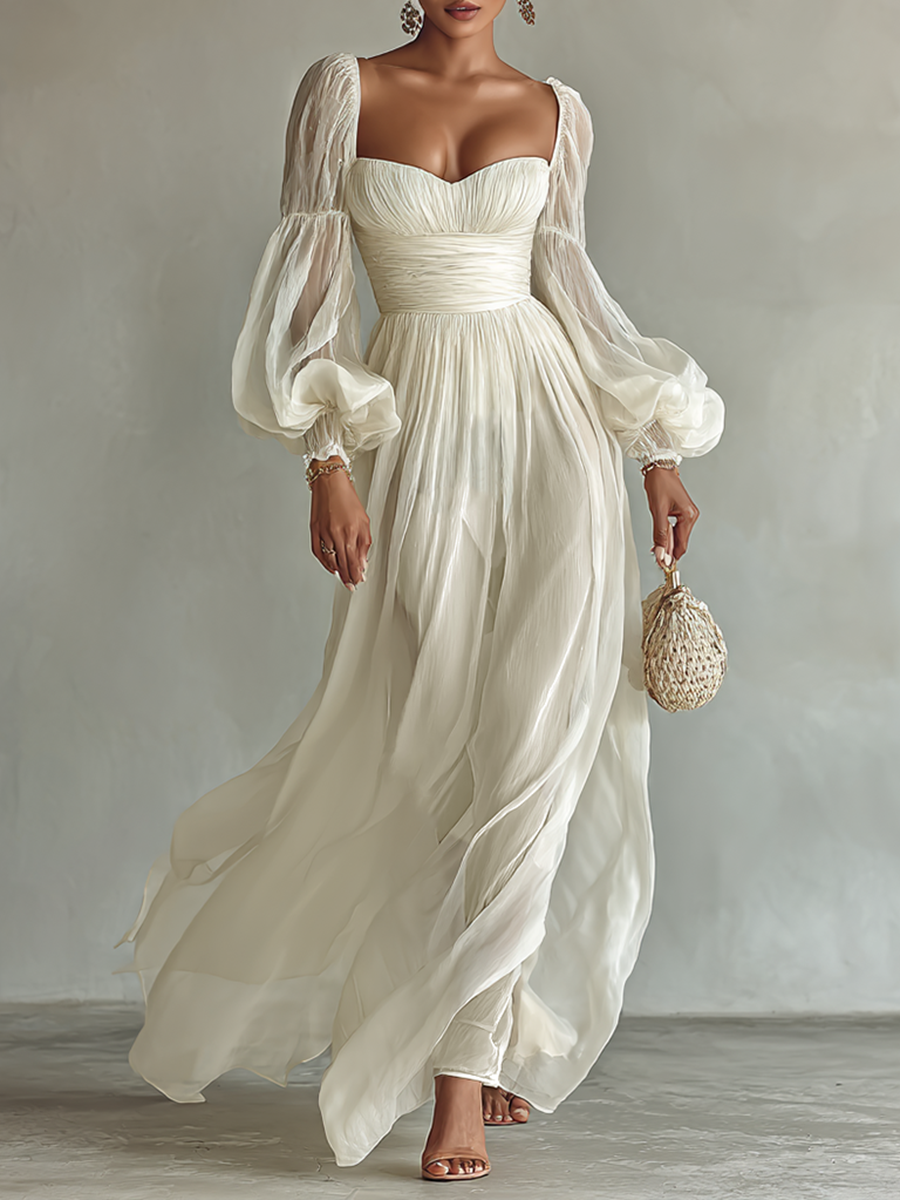 Women's Maxi Chiffon Dress – Elegant Square Neckline with Long Sleeves