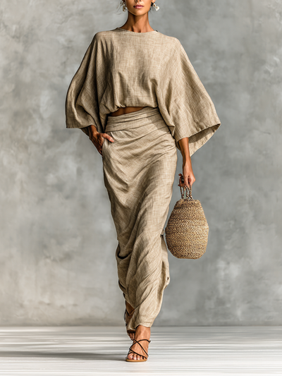 Two-Piece Set – Elegant Long Skirt with Batwing Sleeves in Cotton and Linen