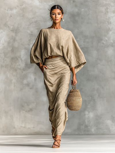 Two-Piece Set – Elegant Long Skirt with Batwing Sleeves in Cotton and Linen