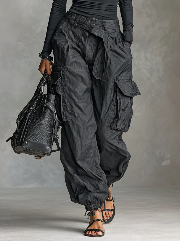 Two-Piece Set – Elegant Long Sleeve T-Shirt with Square Neck and Luxe Multi-Pocket Cargo Pants
