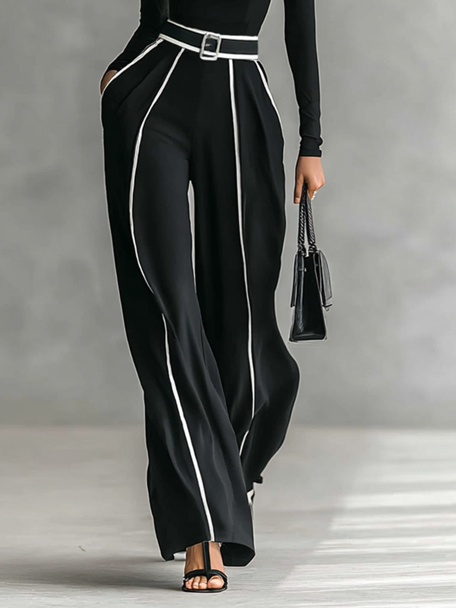 Two-Piece Women's Set – Elegant High-Neck Long-Sleeve Top with Wide-Leg Pants and Belt