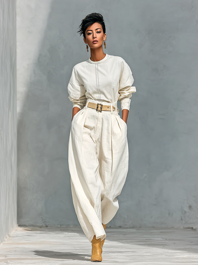 Long Sleeve Shirt and Wide Pants Set – Elegant Cotton and Linen Ensemble