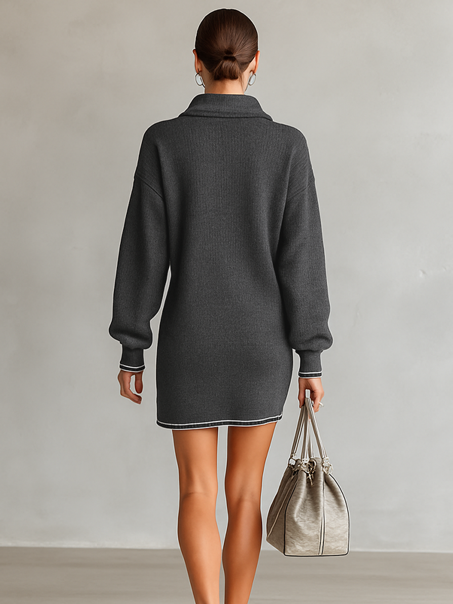 Wide Knit Mini Dress – Elegant Polo Collar and Zip Dress