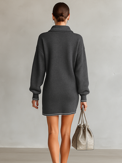 Wide Knit Mini Dress – Elegant Polo Collar and Zip Dress
