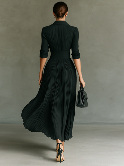 Long Maxi Dress – Elegant Notched Collar Dress with Pleats and Long Sleeves