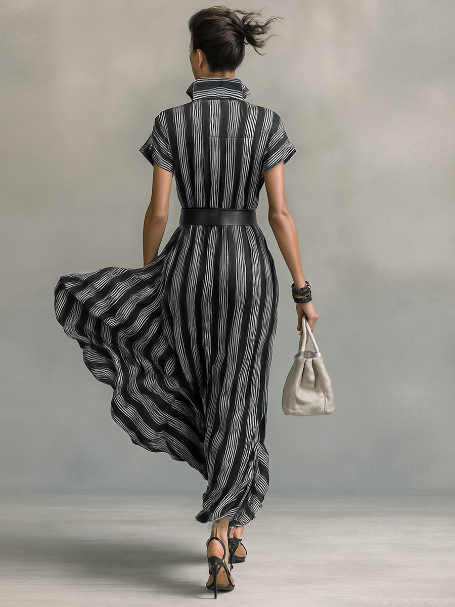 Maxi Striped Chiffon Dress – Elegant Dress with Collar and Short Sleeves, Complete with Belt