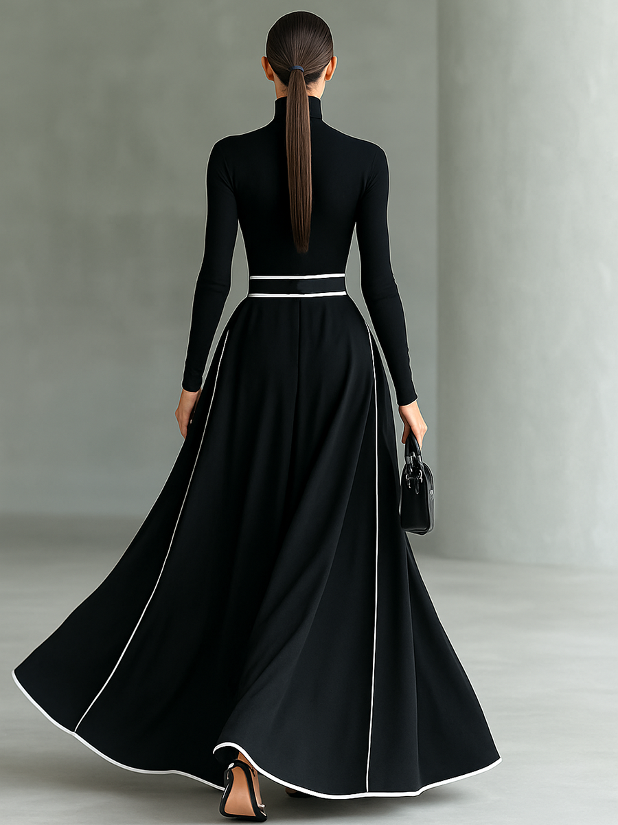 Black Maxi Dress – Elegant High Neck Dress with White Stitching and Fitted Waist