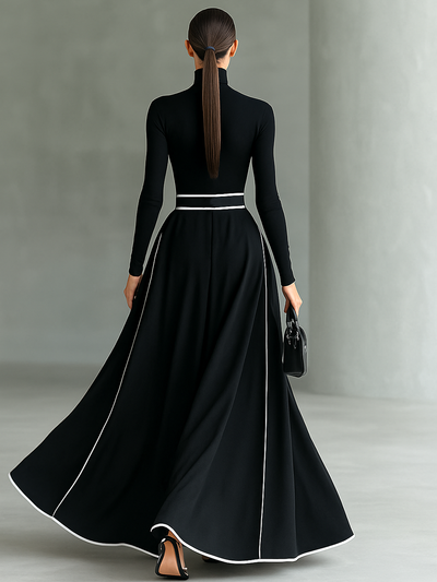 Black Maxi Dress – Elegant High Neck Dress with White Stitching and Fitted Waist