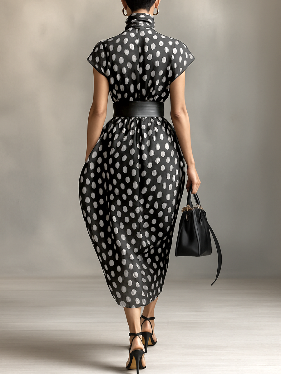 Maxi Dress – Elegant Chiffon Polka Dot Dress with High Neck