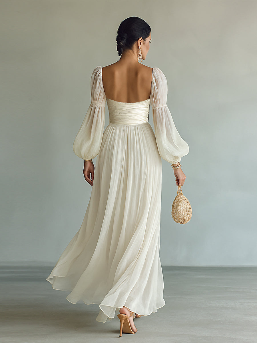 Women's Maxi Chiffon Dress – Elegant Square Neckline with Long Sleeves