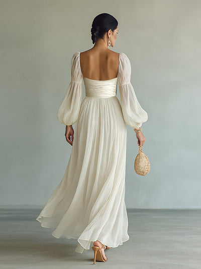Women's Maxi Chiffon Dress – Elegant Square Neckline with Long Sleeves