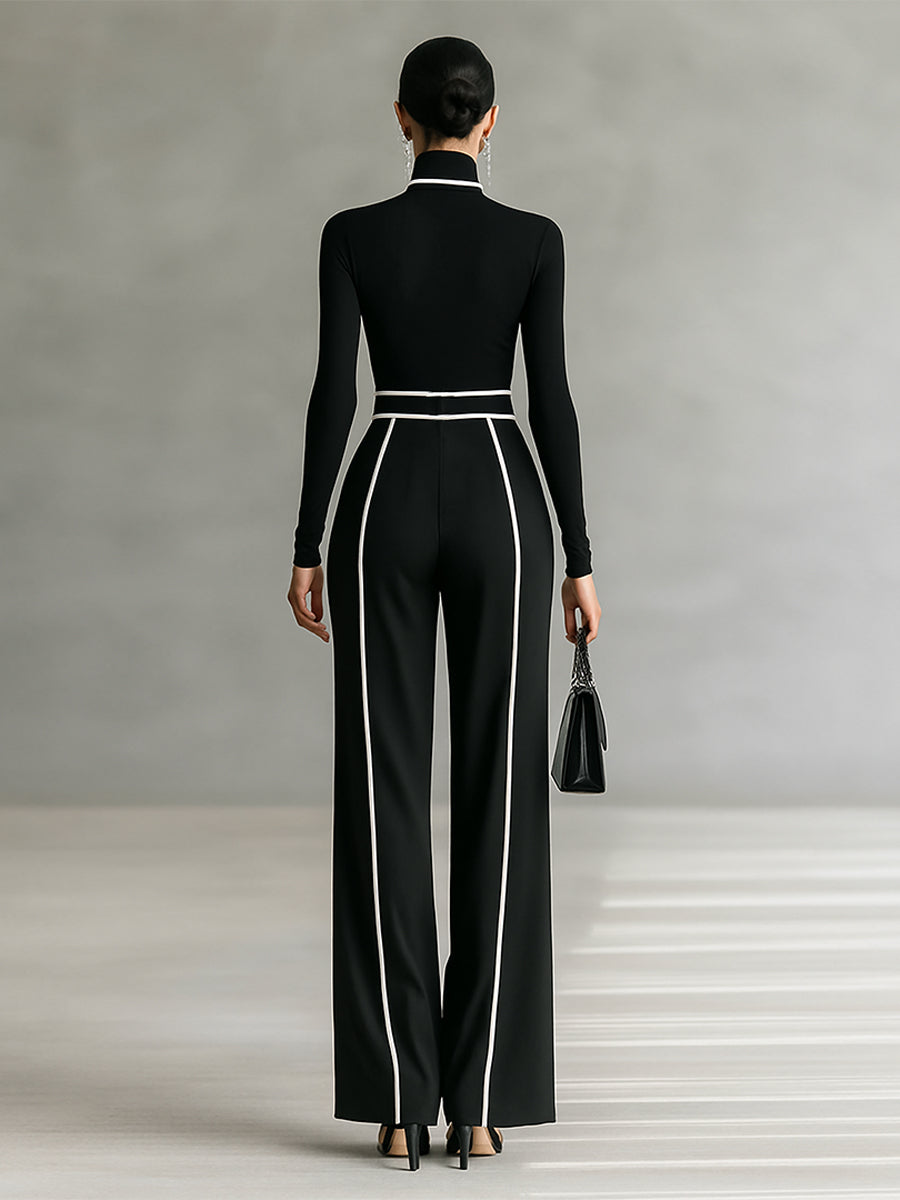 Two-Piece Women's Set – Elegant High-Neck Long-Sleeve Top with Wide-Leg Pants and Belt