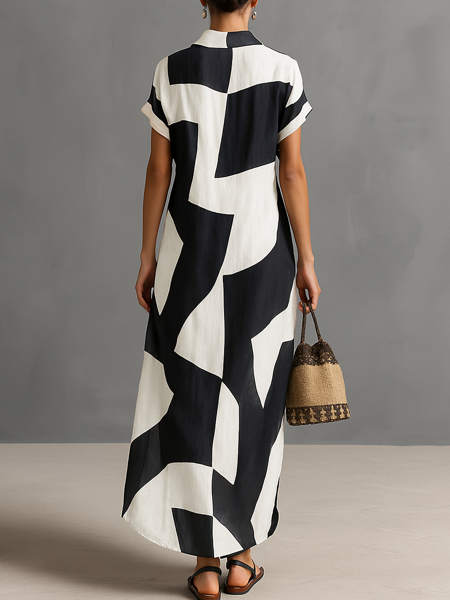 Maxi Shirt Dress – Elegant Irregular Geometric Print Chiffon Dress with Notched Collar and Short Sleeves