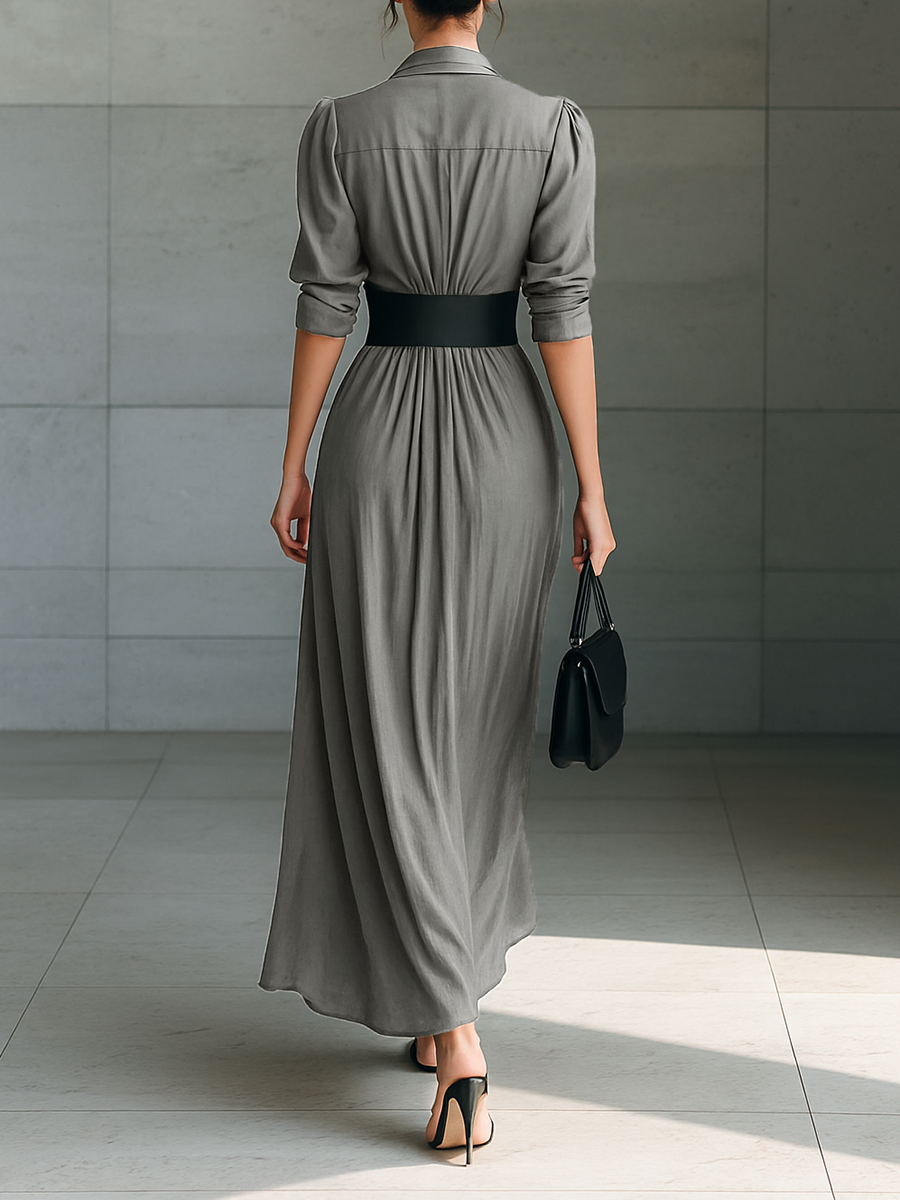Maxi Dress – Elegant Notched Collar with Long Sleeves