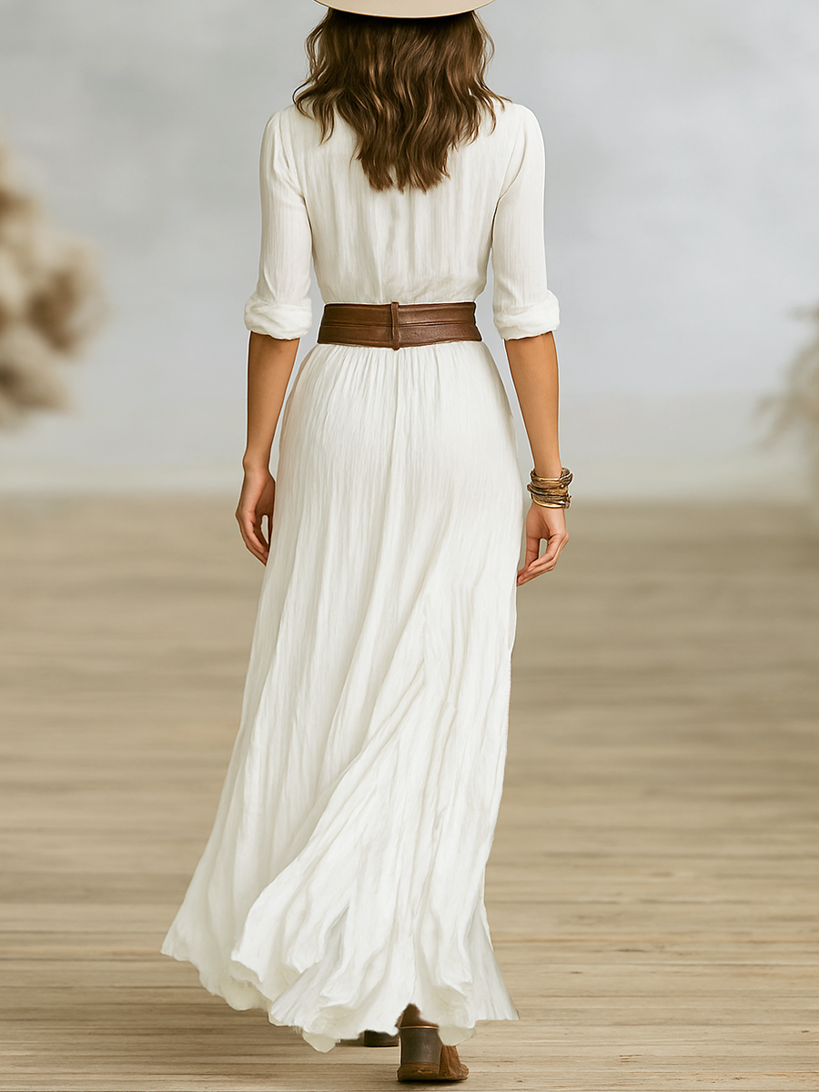 Long Maxi Dress – Elegant Imitation Cotton and Linen with Notched Collar