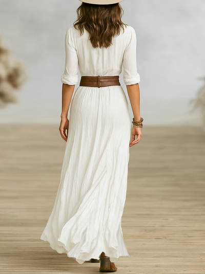 Long Maxi Dress – Elegant Imitation Cotton and Linen with Notched Collar