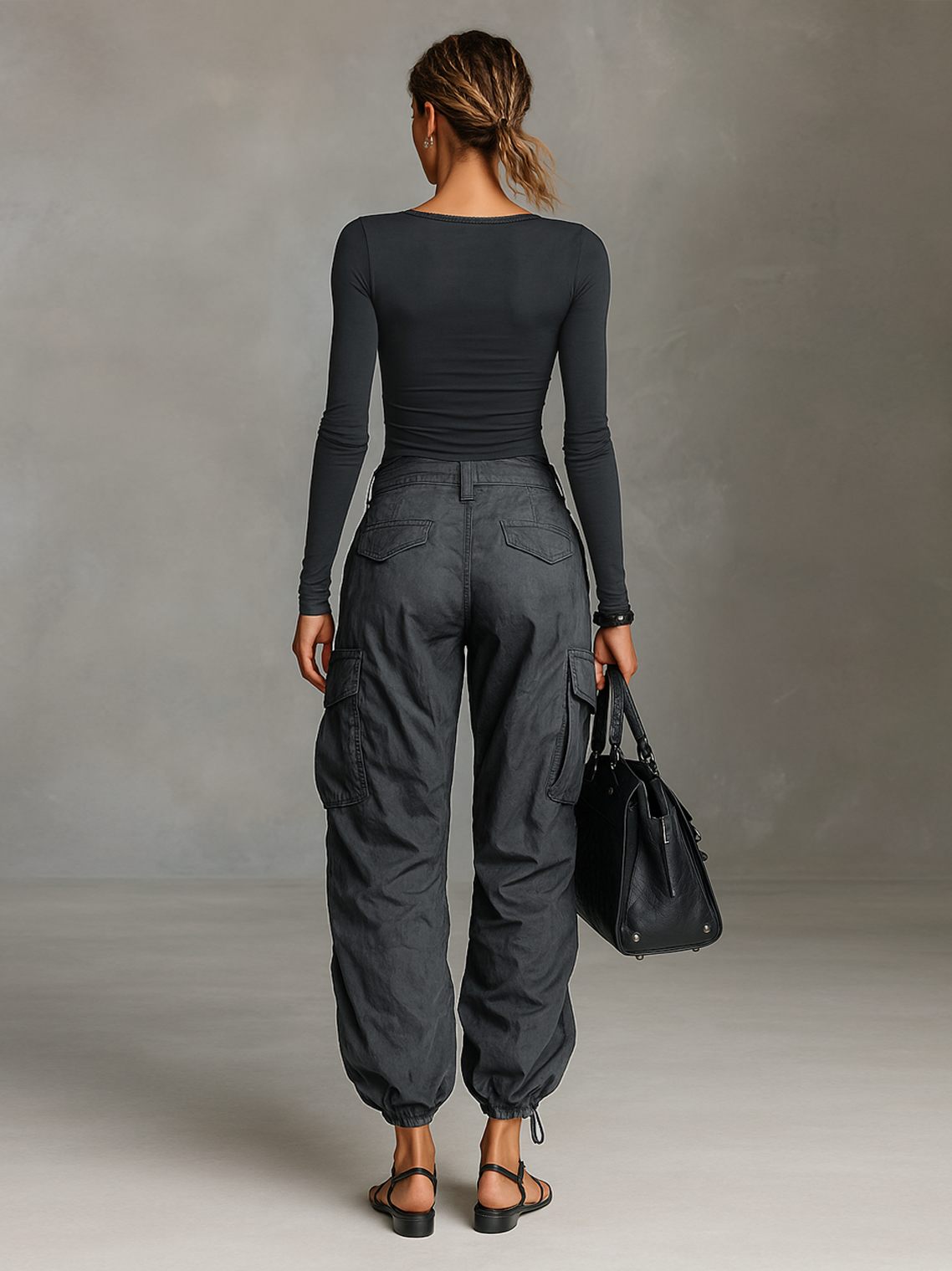 Two-Piece Set – Elegant Long Sleeve T-Shirt with Square Neck and Luxe Multi-Pocket Cargo Pants