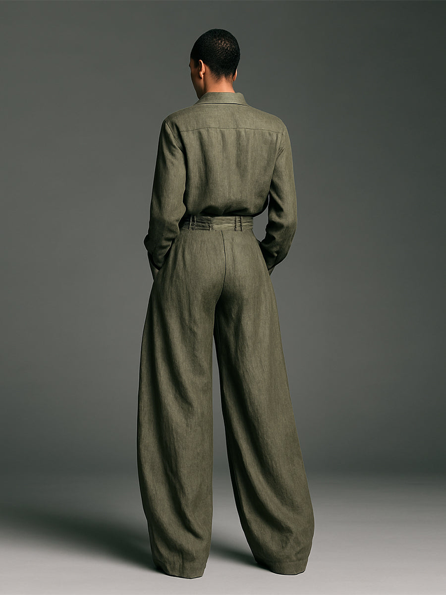 Two-Piece Women's Cotton and Linen Set – Elegant Long Sleeve Shirt and Wide Leg Trousers