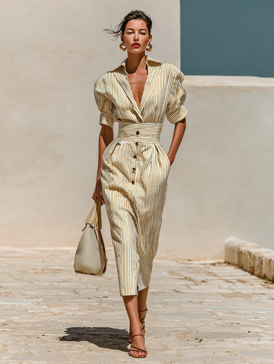 Striped Midi Dress – Elegant Striped Dress with Collar and Short Sleeves