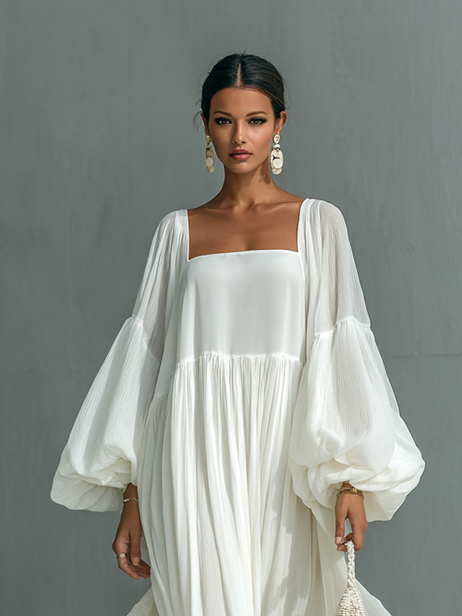 Maxi Pleated Dress – Elegant Lantern Sleeve Dress with Notched Collar