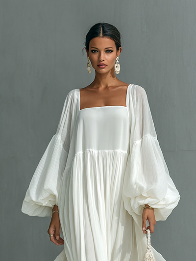 Maxi Pleated Dress – Elegant Lantern Sleeve Dress with Notched Collar