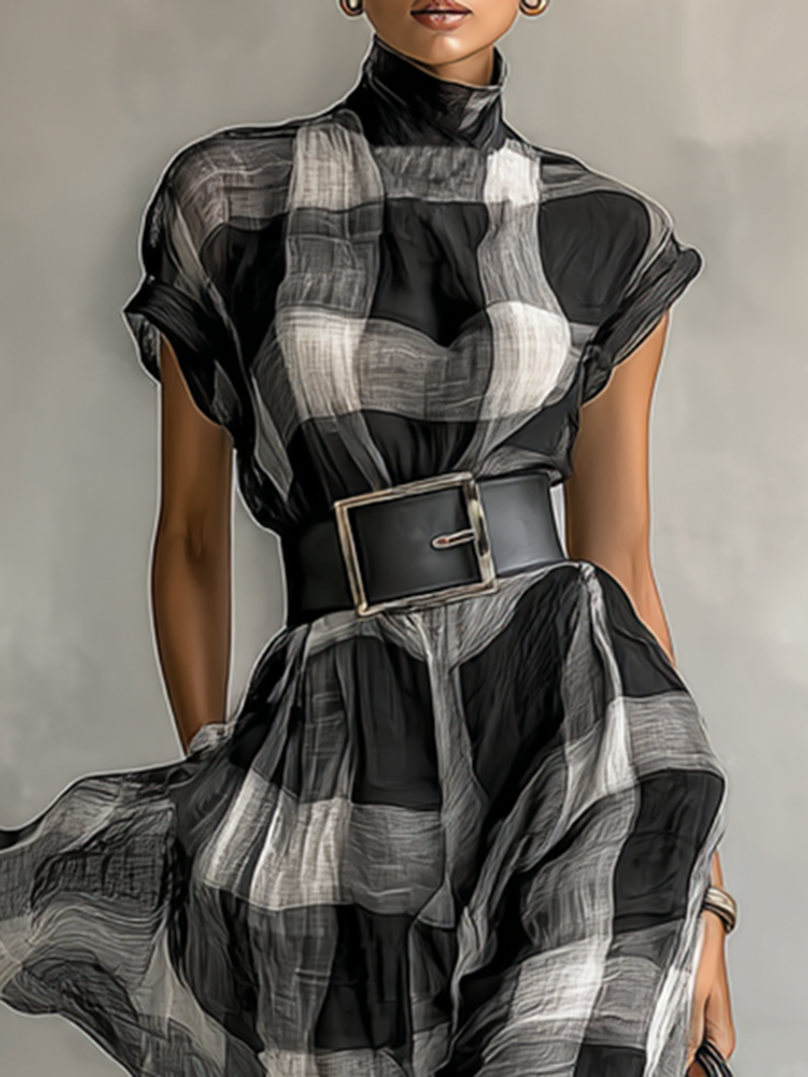 Maxi Dress – Elegant Check Chiffon with High Neck and Short Sleeves