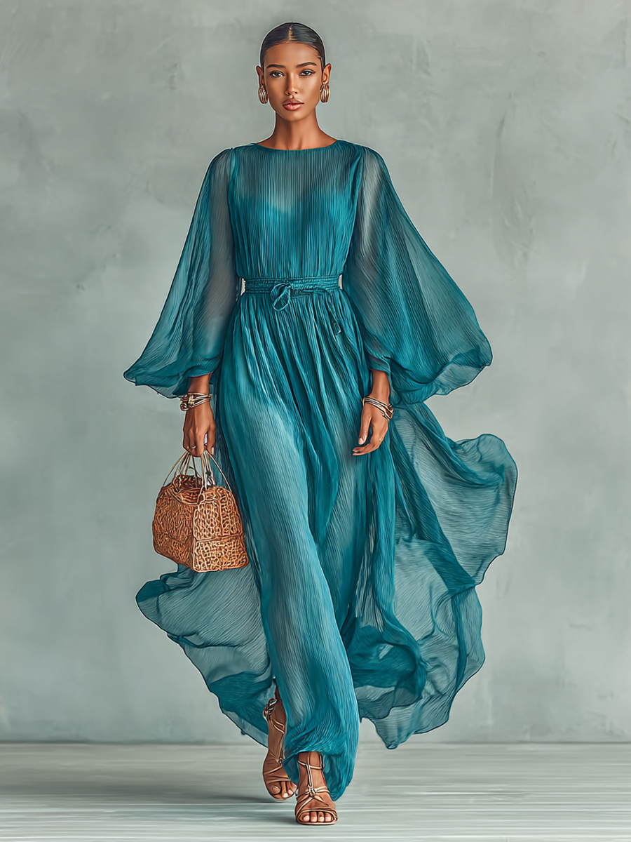 Maxi Chiffon Dress – Elegant Round Neck and Long Sleeve Design with Adjustable Waist for Women