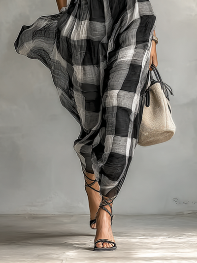 Maxi Dress – Elegant Check Chiffon with High Neck and Short Sleeves
