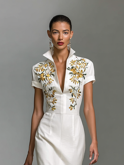 Embroidered Midi Dress – Elegant V-Neck Dress with Short Sleeves