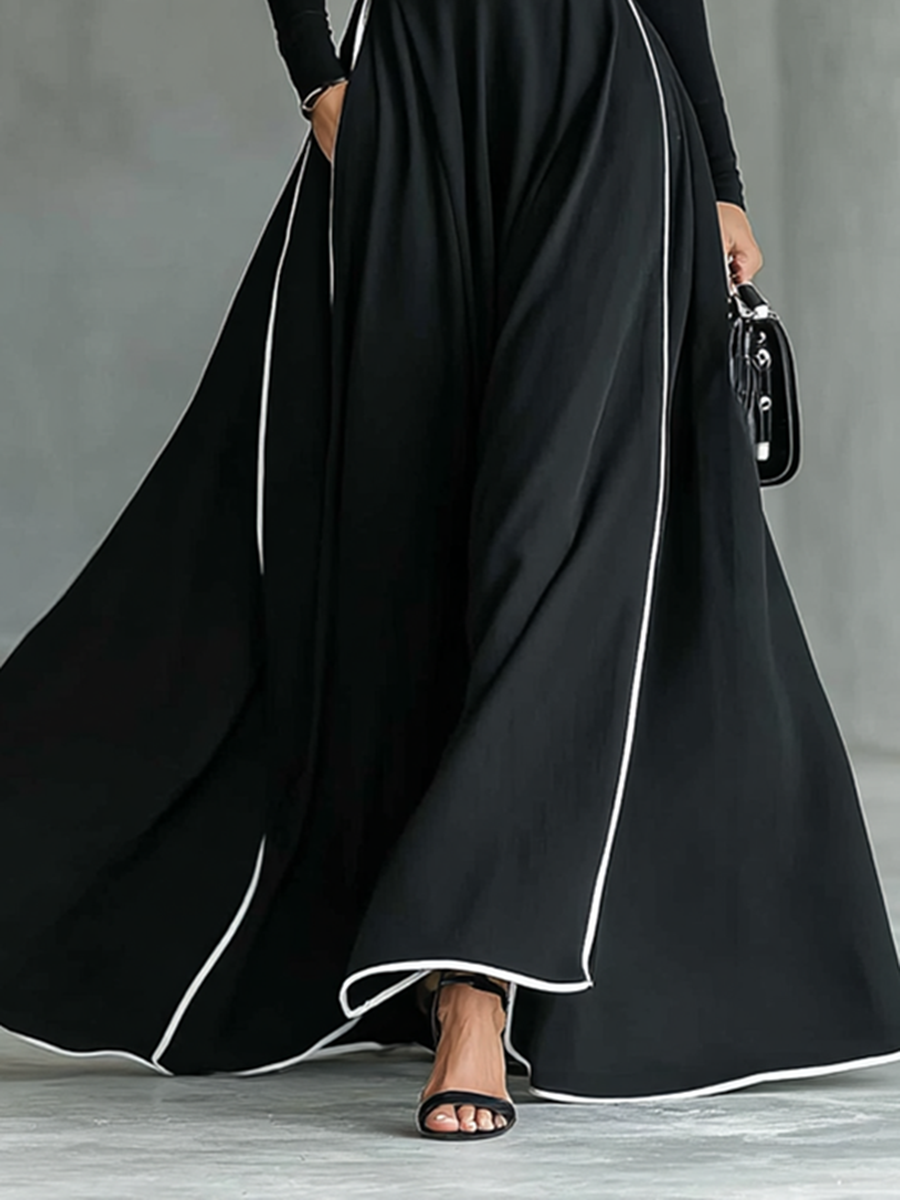 Black Maxi Dress – Elegant High Neck Dress with White Stitching and Fitted Waist
