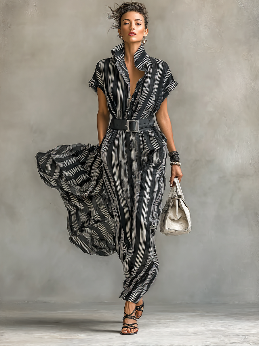 Maxi Striped Chiffon Dress – Elegant Dress with Collar and Short Sleeves, Complete with Belt