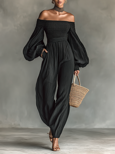 Women's Pleated Fabric Jumpsuit – Elegant Off-the-Shoulder Design with Long Sleeves