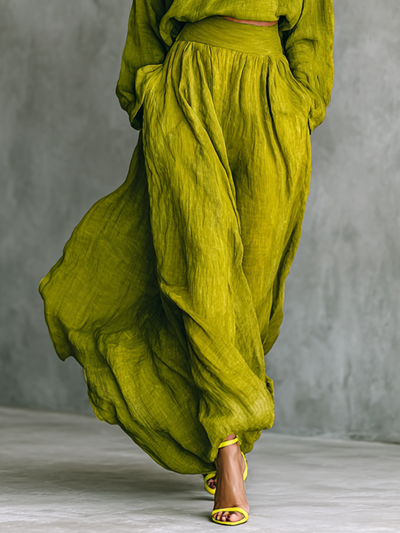 Women's Green Outfit – Elegant Cotton-Linen Blend Ensemble