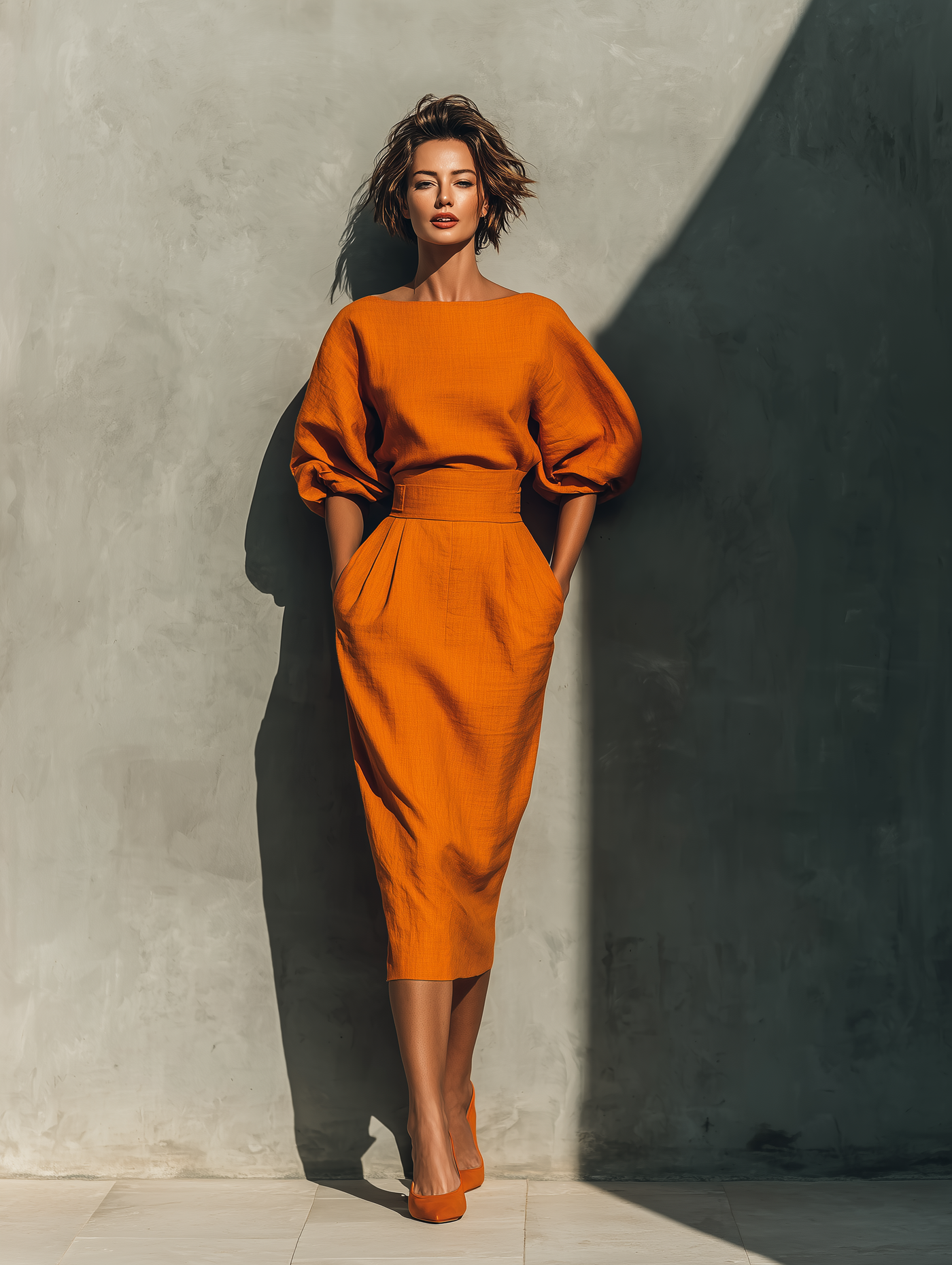 Vibrant Midi Skirt – Elegant Orange Cotton-Linen Blend