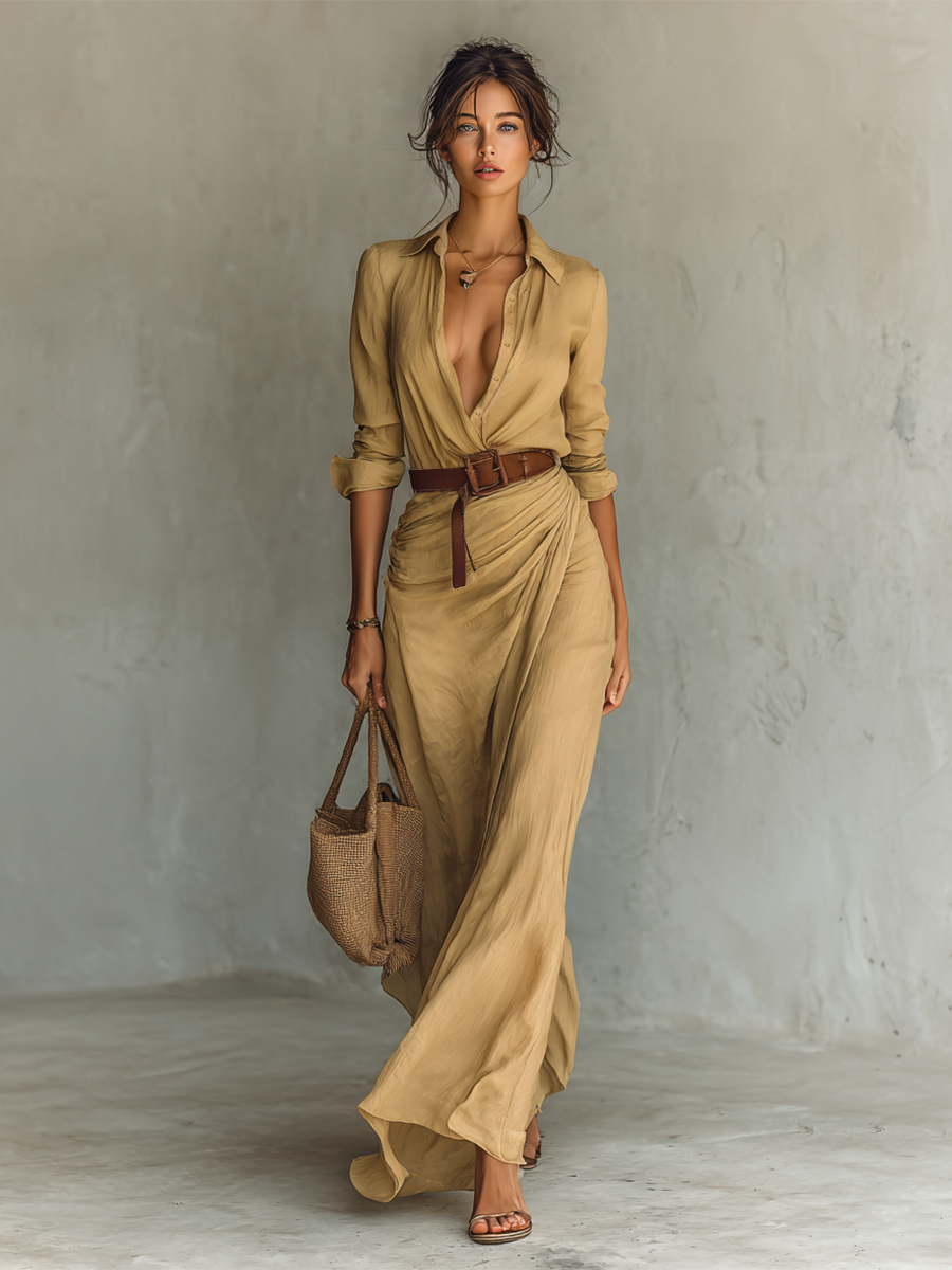 Long Maxi Dress – Elegant Notched Collar Dress with Included Belt