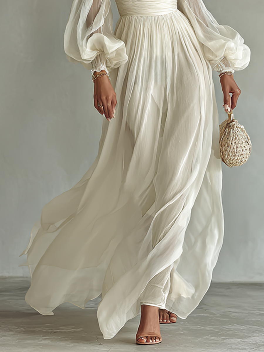 Women's Maxi Chiffon Dress – Elegant Square Neckline with Long Sleeves