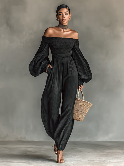 Women's Pleated Fabric Jumpsuit – Elegant Off-the-Shoulder Design with Long Sleeves