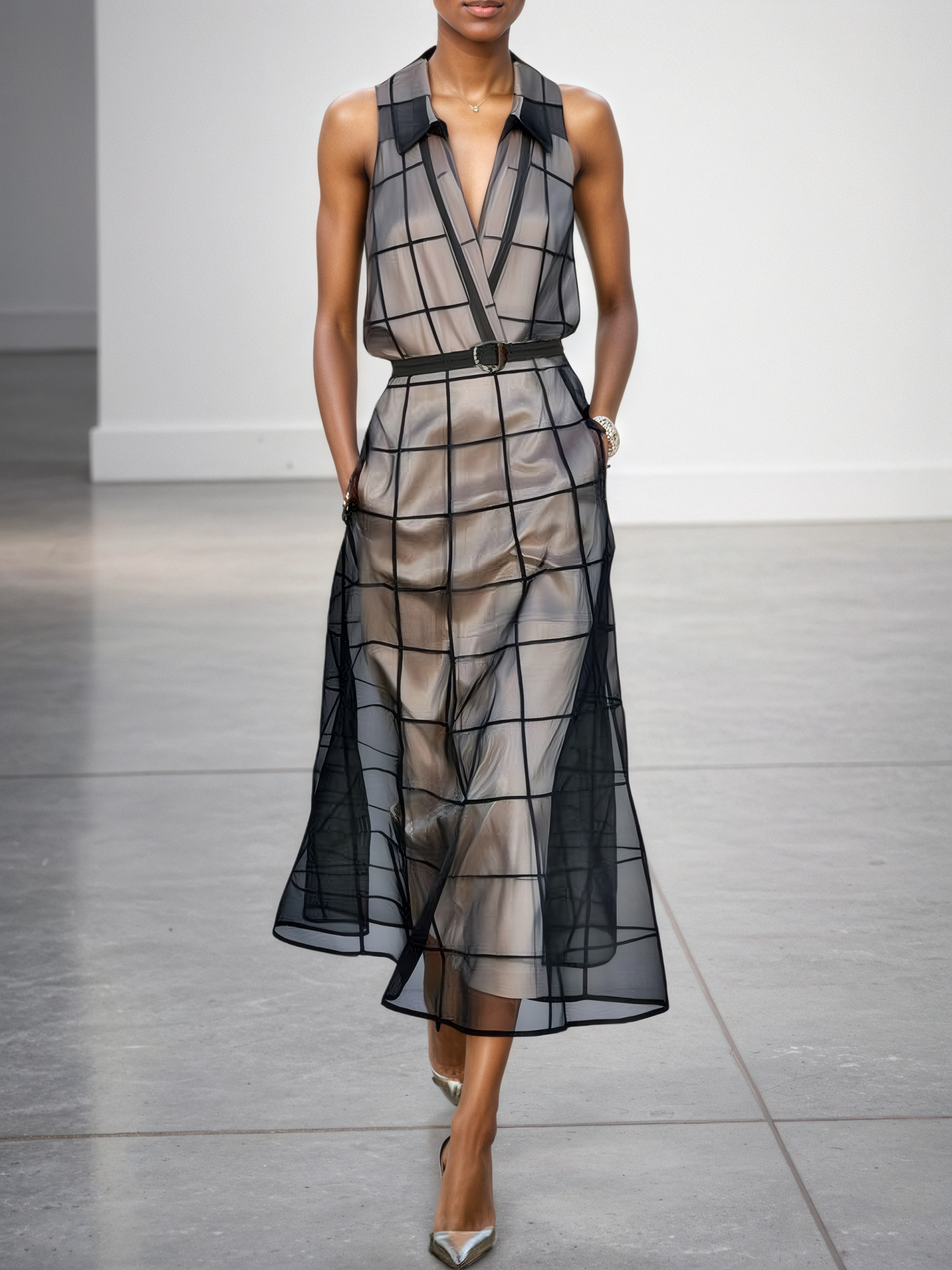 Maxi Sleeveless Dress – Elegant Check Tulle Dress with Collar and Belt