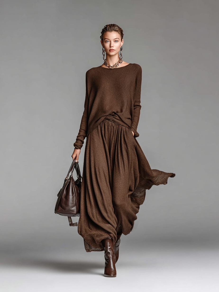 Skirt and Knit Crew Neck Sweater Set – Elegant Knit and Skirt Ensemble