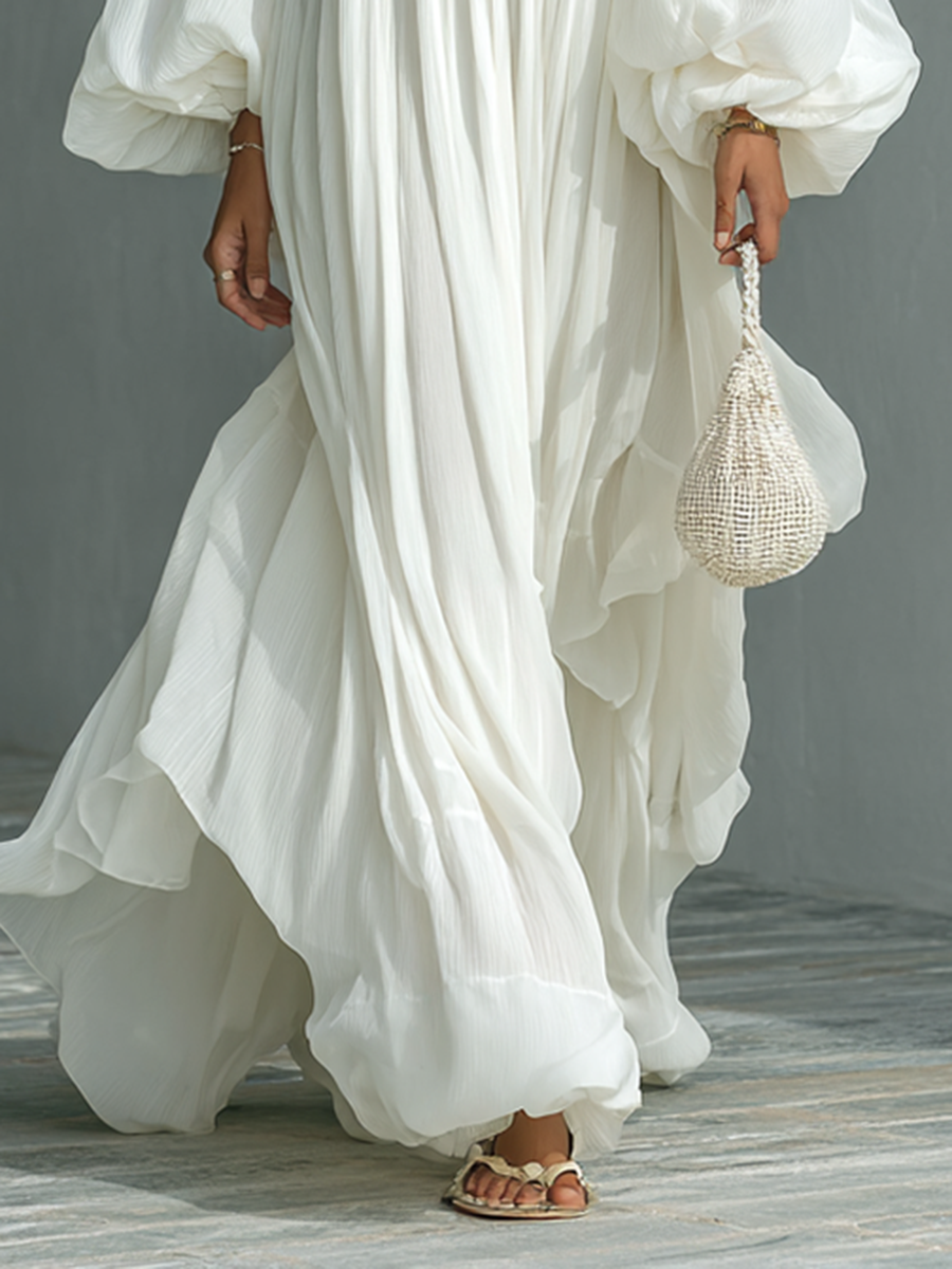 Maxi Pleated Dress – Elegant Lantern Sleeve Dress with Notched Collar