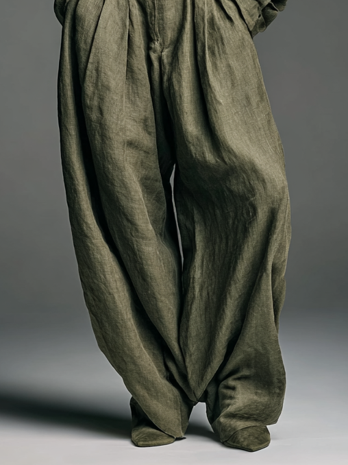 Two-Piece Women's Cotton and Linen Set – Elegant Long Sleeve Shirt and Wide Leg Trousers