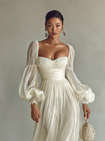 Women's Maxi Chiffon Dress – Elegant Square Neckline with Long Sleeves