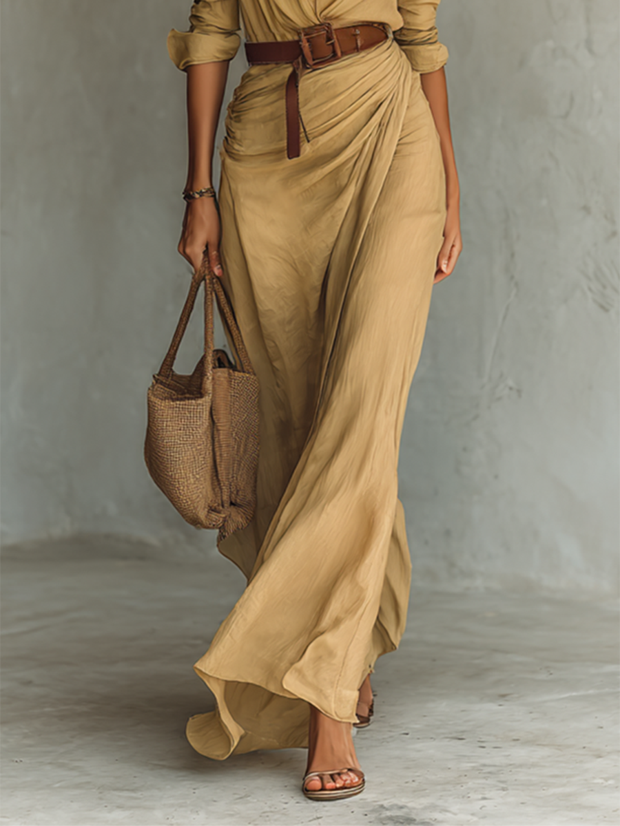 Long Maxi Dress – Elegant Notched Collar Dress with Included Belt