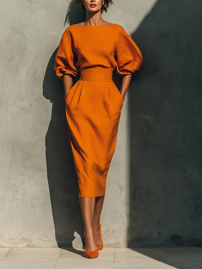 Vibrant Midi Skirt – Elegant Orange Cotton-Linen Blend