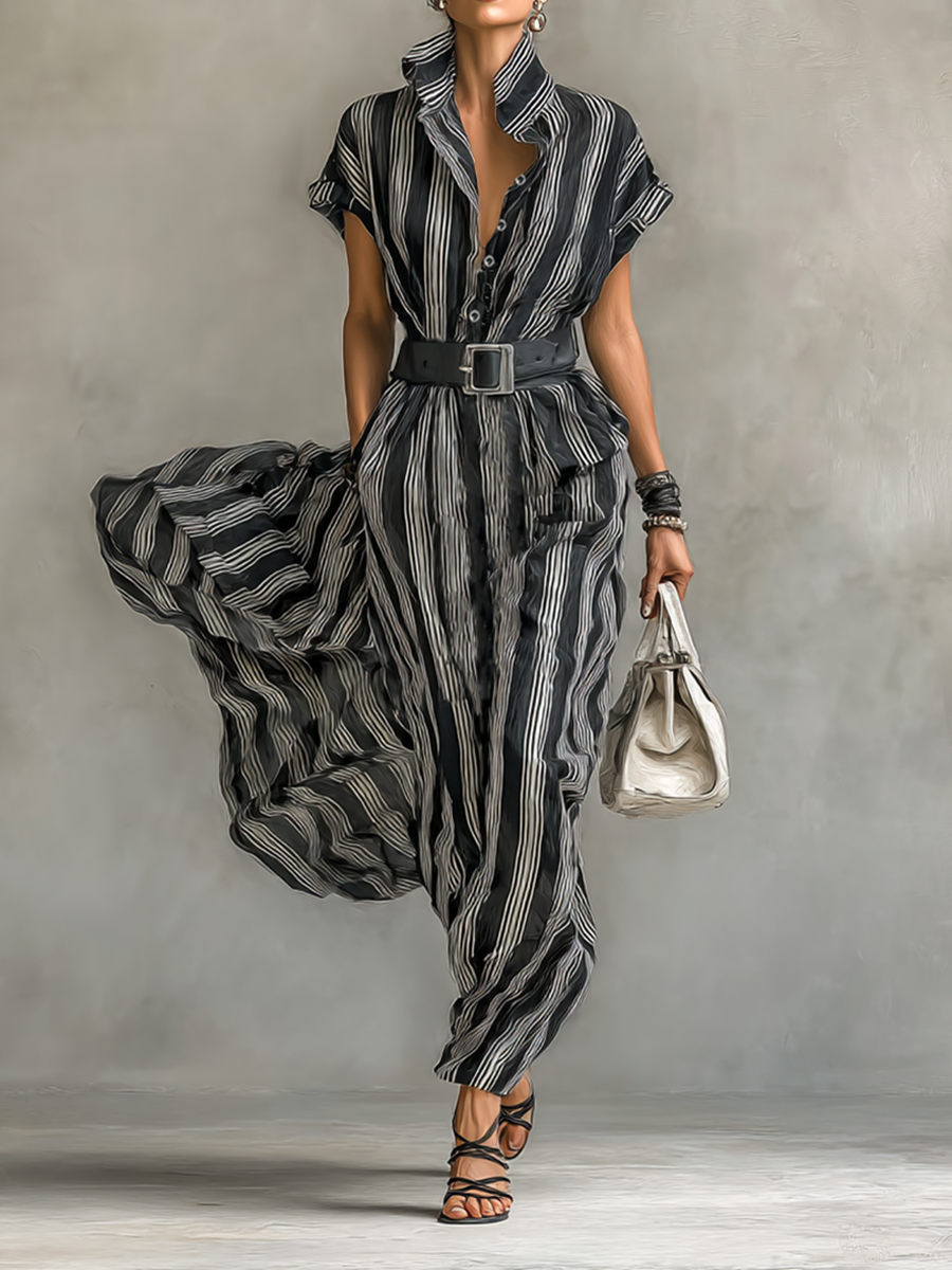 Maxi Striped Chiffon Dress – Elegant Dress with Collar and Short Sleeves, Complete with Belt