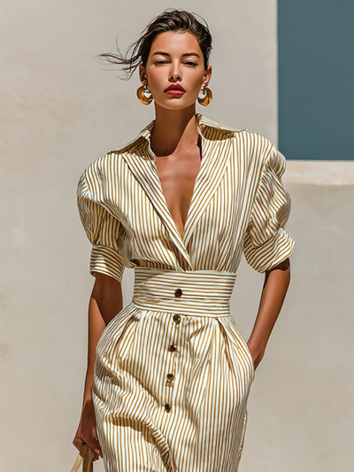 Striped Midi Dress – Elegant Striped Dress with Collar and Short Sleeves