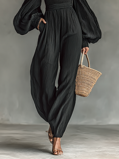 Women's Pleated Fabric Jumpsuit – Elegant Off-the-Shoulder Design with Long Sleeves