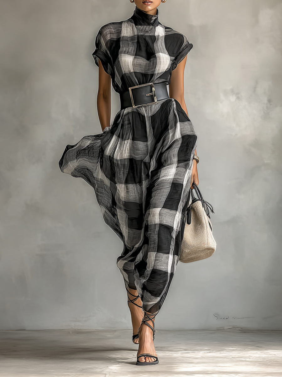 Maxi Dress – Elegant Check Chiffon with High Neck and Short Sleeves